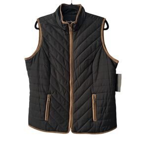 Jason Maxwell Navy w/ Tan Piping Sleeveless Zip Up Pocket Lined Quilt Vest-Large